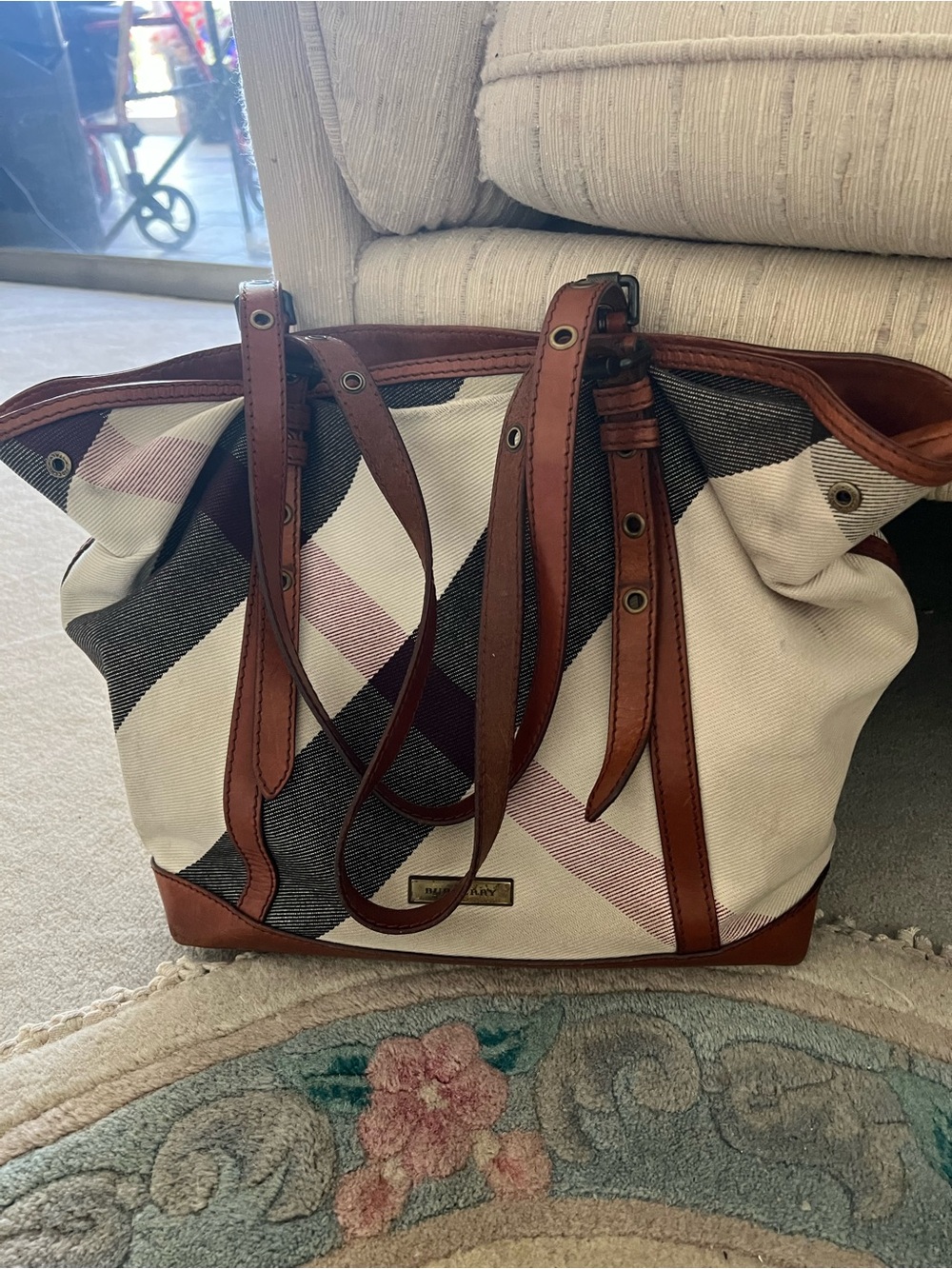 Burberry Cream Canvas Tote with Brown Leather Trim and Plaid Detail